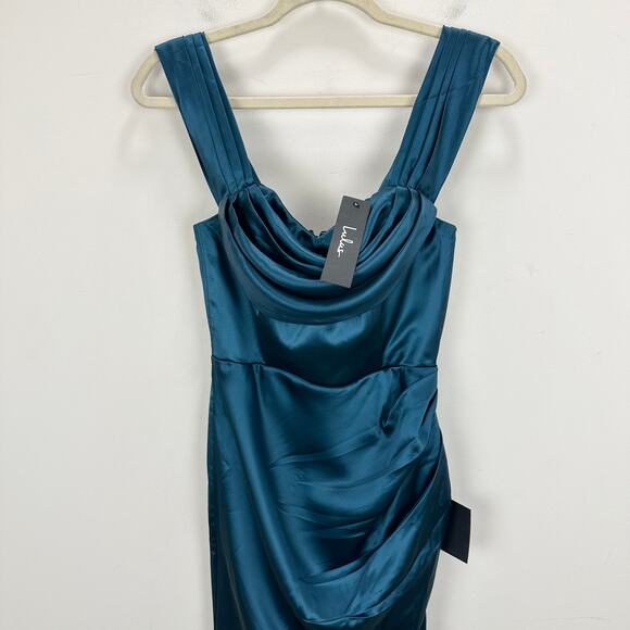 Lulus Stunning Arrival Dark Teal Satin Off The Shoulder Maxi Dress Formal S NWT - Picture 6 of 12